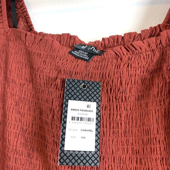 NWT City Chic Smocked Puff Sleeve Fearless Midi Dress in Caramel Size XXS 12 - Picture 4 of 6